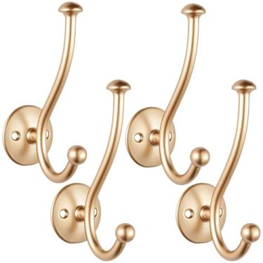 Imagem de Ruiziiz Gancho preto para toalha pacote com 4 ganchos para roupão de banho duplo de metal resistente, ganchos de toalha pretos para banheiros, cozinha, armário, garagem (1187gold, 4)