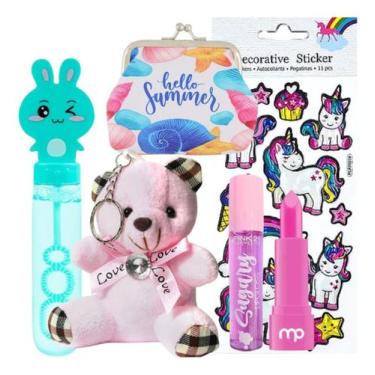 Imagem de Kit De Maquiagem Infantil Batom Brilho Chaveiro Lança Bolha - nova ave