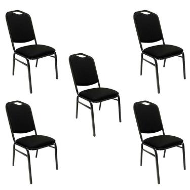 Imagem de Kit 5 Cadeiras para Hotel Auditório Igreja Restaurante Eventos com Reforço Empilhável cor Preta