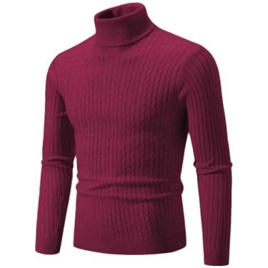 Imagem de KANG POWER Suéter quente de gola rolê outono inverno suéter masculino pulôver fino suéter masculino malha camisa inferior, Win Red, X-Large
