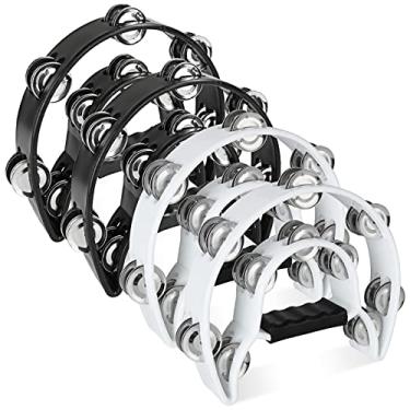 Imagem de Pandeiro portátil meia lua de 25,4 cm fileira dupla de metal para igreja de adultos, instrumento musical de plástico para percussão portátil para igreja, festa Ktv, (preto, branco)