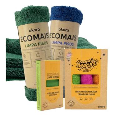 Imagem de Kit 2 Akora Pano Limpa Piso 40x60cm 1 Ecomais Limpa Vidros 40x40cm 3 Pano Mágico Uso Geral 30x30cm