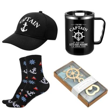 Imagem de Didaey 4 peças presentes de barco para homens boné capitão de barco chapéu capitães aço inoxidável eu sou capitão copos leme abridor de cerveja náutico e meias de barcos presentes de verão para