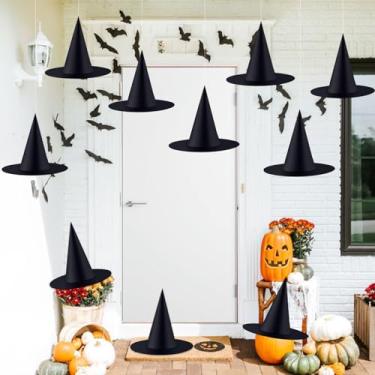 Imagem de Halatool 10 Pieces Witch Hats Halloween Party Favors, Indoor Outdoor Costume Accessories Hanging Black Witch Hat with 98 Feet Hanging Rope for Halloween Party Decoration