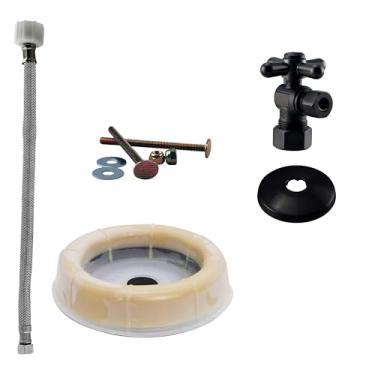 Imagem de Westbrass D1612TBX-62 Kit de instalação de vaso sanitário com cabo cruzado de 1,27 cm com linha de fornecimento de aço, anel e flange de cera, preto fosco