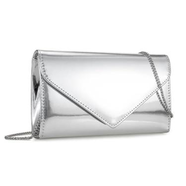 Imagem de IXEBELLA Bolsa feminina de couro sintético metálico espelhado para noite, bolsa de mão brilhante para formatura/coquetel/casamento/festa, Prata, Small