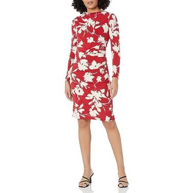 Imagem de Maggy London Vestido midi drapeado com manga comprida e gola lateral, Vermelho/marfim, 42