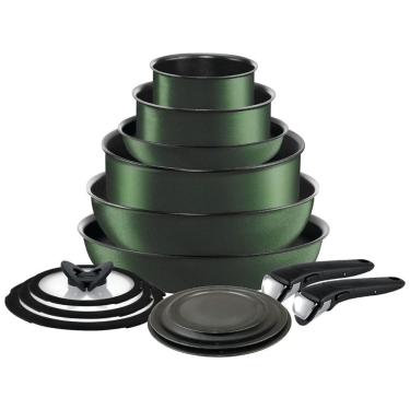 Imagem de Jogo de Panelas, Potes e Frigideiras Antiaderentes em Alumínio com 14 Peças e Cabo Removível, T-Fal, Verde Floresta
