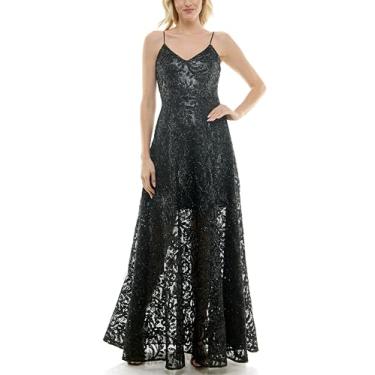 Imagem de Taylor Dresses Vestido feminino com alças finas, decote em V, renda e sobreposição, saia completa, Preto e preto, 36