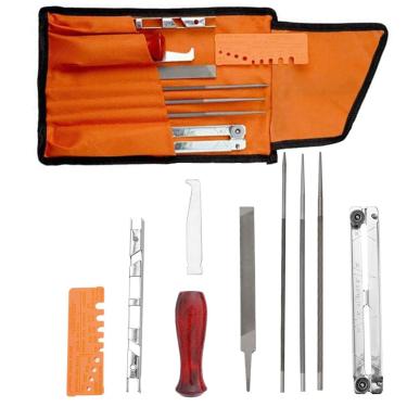 Imagem de Kit de arquivo de afiador de motosserra portátil - Contém arquivos de 5/32, 3/16 e 7/32 polegadas, cabo de madeira, medidor de profundidade, guia de arquivamento - para afiar e arquivar motosserras e