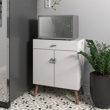Imagem de Balcão para Micro Ondas Cozinha com Portas e Gaveta Pés Palito Branco