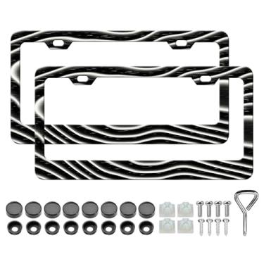 Imagem de Moldura de placa de licença de listras pretas e brancas - 2 peças de suporte de placa de licença de listras brancas personalizadas, peças de alumínio à prova de ferrugem decoração de capa de placa de