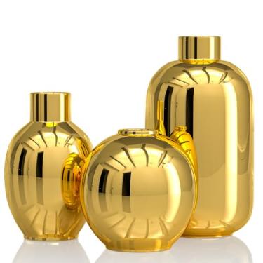 Imagem de Conjunto de 3 vasos de flores de cerâmica dourada brilhante, modernos e redondos para decoração de casa, quarto, escritório, sala de estar, estante de livros, casamento, mesa de banheiro