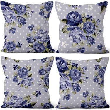 Imagem de Vie Savaran Conjunto de 4 capas de almofada de flor azul 50,8 cm x 50,8 cm, fronhas de sofá retrô florais para cadeira, sofá, cama, sala de estar, escritório, carro, jardim, pátio, quinta, ambientes