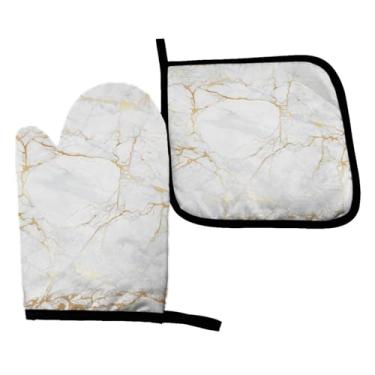 Imagem de Perinsto Luvas de forno e suportes de panela de mármore em ouro branco, luvas decorativas resistentes ao calor, luvas de forno de micro-ondas para assar, grelhar, churrasco