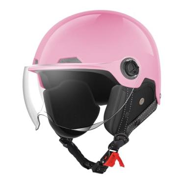 Imagem de Capacetes de motocicleta com certificação DOT, meio capacete estilo alemão, scooter de bicicleta elétrica com óculos de para-brisa, capacete retrô legal para homens e mulheres (rosa, G)