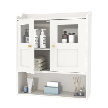 Imagem de Aenuert Armário de parede de banheiro, armário de remédios com 2 portas de vidro e prateleiras ajustáveis, armário branco montado na parede sobre o vaso sanitário, armazenamento de madeira de 3
