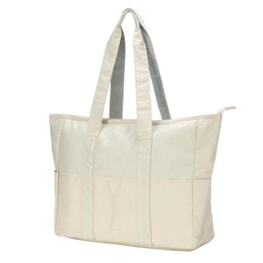 Imagem de Lovelinks21 Bolsa feminina grande com zíper, utilitária, trabalho, viagem, academia, praia, piquenique, férias, bolsa de ombro, Bege, Large