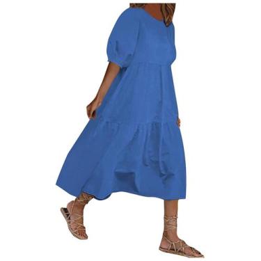 Imagem de Moda Feminina Solta Cor Sólida O-neck Puff Sleeve Vestido Casual de Ma