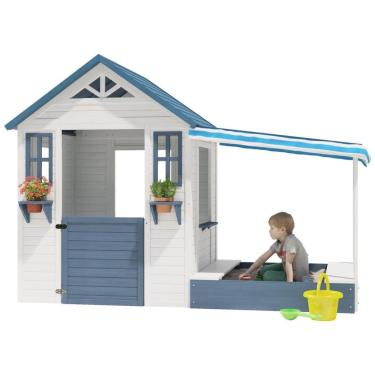 Imagem de Casinha Infantil de Madeira para Área Externa com Caixa de Areia Lateral e Suporte para Vasos de Plantas para Crianças de 3 a 10 Anos