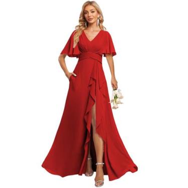 Imagem de Vestido de dama de honra, chiffon vermelho, mangas esvoaçantes, decote