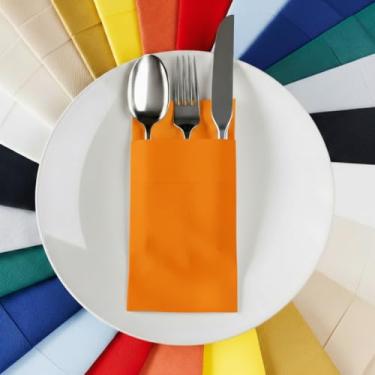 Imagem de Guardanapos de bolso AMERICAN HOMESTEAD – Pacote com 50, papel Airlaid com sensação de linho de 40 x 40 cm – Pré-dobrado com bolso de talheres – Guardanapos descartáveis de outono e festa (laranja)