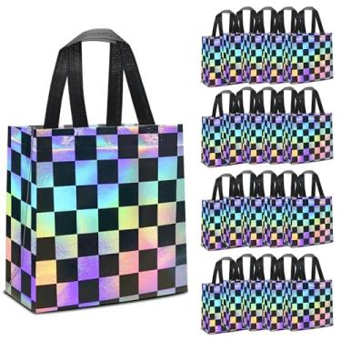 Imagem de KERINGO 24 peças de sacos de presente de corrida quadriculados bolsa de lembrancinhas de festa de carro de corrida, preto e branco, sacolas reutilizáveis não tecidas para festa de aniversário com tema