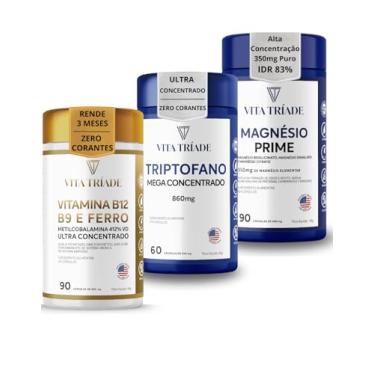 Imagem de Vitamina B12 Metilcobalamina 9,9mcg 90 cáps+ Triptofano 860mg concentrato 90 cáps + Magnésio 350mg puro 90 cáps, Kit com 3x