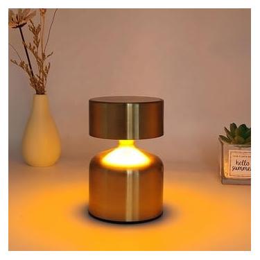 Imagem de Luminária LED Touch Screen USB, Dourada, 3 Cores de Luz, Recarregável, Ajuste de Luminosidade, Design Moderno para Mesa