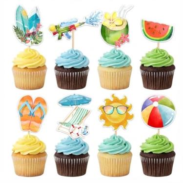Imagem de 40 peças de topos de cupcake de praia de verão, festa na piscina infantil tema havaiano tropical com chinelos, óculos de sol, palitos de cupcake de melancia e bola de praia para suprimentos de festa