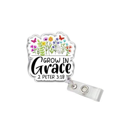 Imagem de OKOMCM Carretel retrátil para crachá Grow in Grace, flor silvestre tamanho bíblico, 5 cm, clipe de cinto, suporte de crachá, cordão de crachá, acessórios religiosos, presentes DIY para colegas de