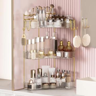 Imagem de Organizador de balcão de banheiro de canto de 3 camadas, prateleira de maquiagem e cuidados com a pele com suporte de escova embutido, organizador de bancada de banheiro que economiza espaço para