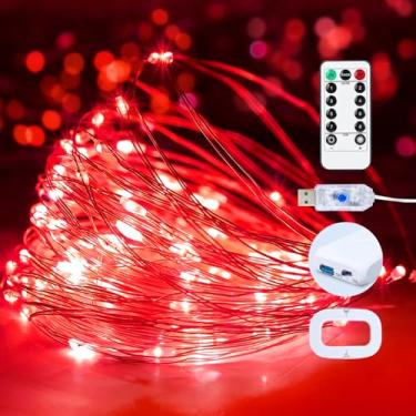 Imagem de Yooumoga Cordão de luzes LED Fada, 50 LEDs com controle remoto e temporizador, 8 modos, alimentado por USB e bateria para decoração de Natal e festa de quarto (vermelho, 1 pacote)
