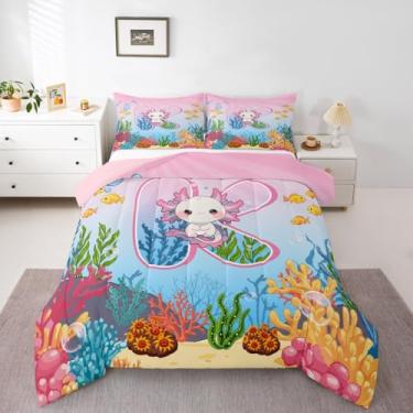 Imagem de Erosebridal Jogo de cama solteiro com letra K fofo Axolote para meninas, rosa com desenho animado de animal oceano, para crianças, adolescentes, mulheres, salamandra, alfabeto, letra K, colcha