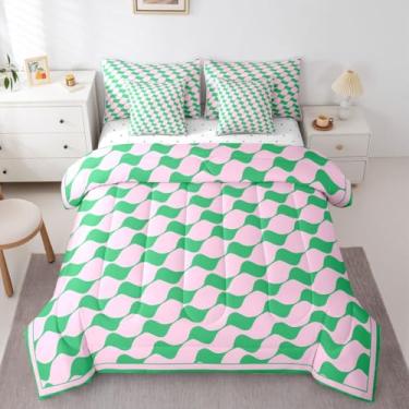 Imagem de Erosebridal Conjunto de edredom xadrez triângulo verde rosa para meninas, tamanho casal, quadriculado geométrico, jacquard, cama de fazenda quadriculada em uma bolsa para crianças, meninos