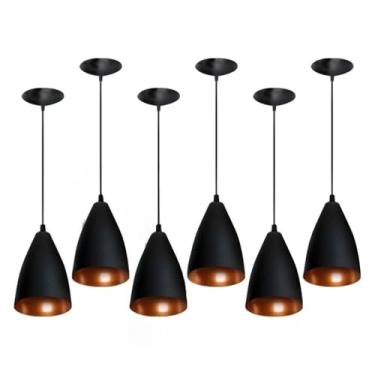 Imagem de Esta luminária de teto - preta com detalhes em cobre, voltagem dupla 110/220 volts - é adequada para iluminação decorativa em salas de estar e áreas de jantar. (KIT 6)