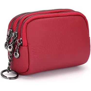 Imagem de Carteira feminina pequena de couro genuíno com zíper porta-moedas cartões chaves bolsas para dinheiro, vermelho, 14x6x8,5cm, Uptodate1