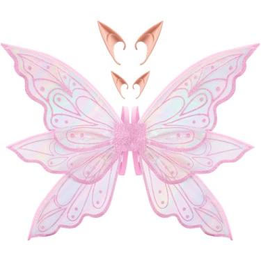 Imagem de Sratte Wings with Elf Ears for Girls Butterfly Angel Wings for Women Adults Kids Halloween Fairy Costume(Pink)