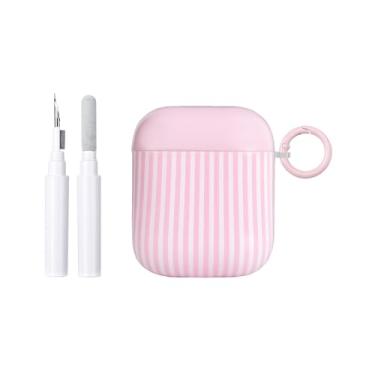 Imagem de Fycyko Capa protetora para AirPod 2/1 geração fofa listrada moderna estética brilhante à prova de choque para AirPod 2/1 com kit de limpeza - rosa