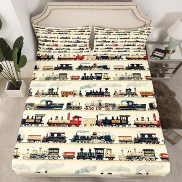 Imagem de Feelyou Jogo de lençol solteiro, retrô, vintage, trem a vapor, locomotiva a vapor, retrô, retrô, para meninos e meninas, lençol com elástico alto