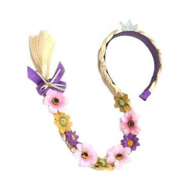 Imagem de Peruca Longa Trançada De Princesa Rapunzel Para Meninas Com Tiara E Fl