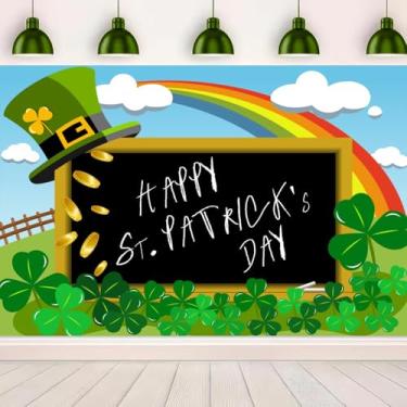 Imagem de YongFoto Pano de fundo do Dia de São Patrício de 1,5 x 90 m, chapéu de trevo verde da sorte, moedas douradas, céu azul arco-íris, fundo fotográfico para festa de São Patrício, decoração de festa de