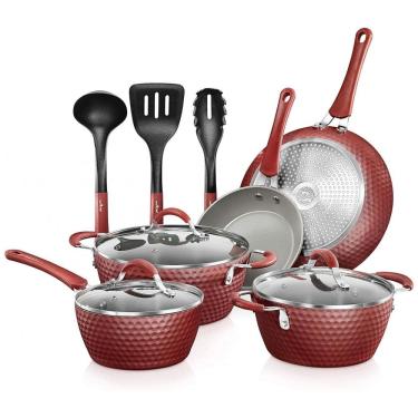 Imagem de Conjunto de Panelas Antiaderentes e Utensílios, 11 Peças, NUTRICHEF NCCW11RDD, Vermelho