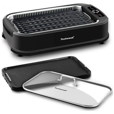 Imagem de Churrasqueira Grill Elétrica com Tampa de Vidro Temperado e Placa Antiaderente, 110V 1500W, Techwood, Vermelha