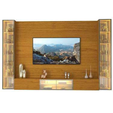 Imagem de Painel Estante Home Suspenso Gelius Luminare Reflecta com LED 2 torres cristaleiras com espelhos 100% MDF largura de 293 cm Naturale