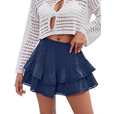 Imagem de Skirts LOMON Flowy Ruffle, saia em camadas, cintura alta, azul marinho