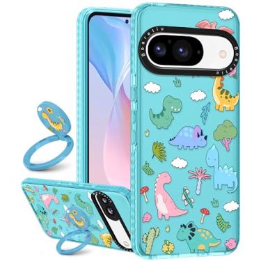 Imagem de Boaretiu Capa fofa Kawaii para Google Pixel 9/9Pro com suporte - Design de suporte de anel giratório adesivo de 360° moderno para mulheres meninas femininas para Google Pixel 9/9Pro, dinossauro