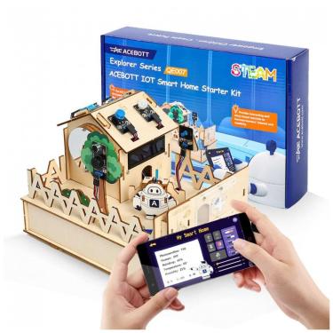 Imagem de Kit casa inteligente ESP32 ACEBOTT QE007 em madeira 3D com sensores, voz e app compatível Arduino e AceCode para projetos STEM