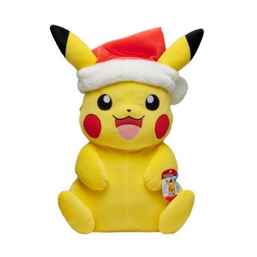 Imagem de Pelúcia Pokémon Pikachu Natal Jazwares amarela com gorro de Papai Noel tamanho 51 cm