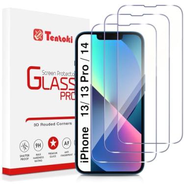 Imagem de Tentoki Pacote com 3 protetores de tela para iPhone 13/13 Pro/14 (6,1 polegadas), película de vidro temperado, cobertura total, Ultra HD,